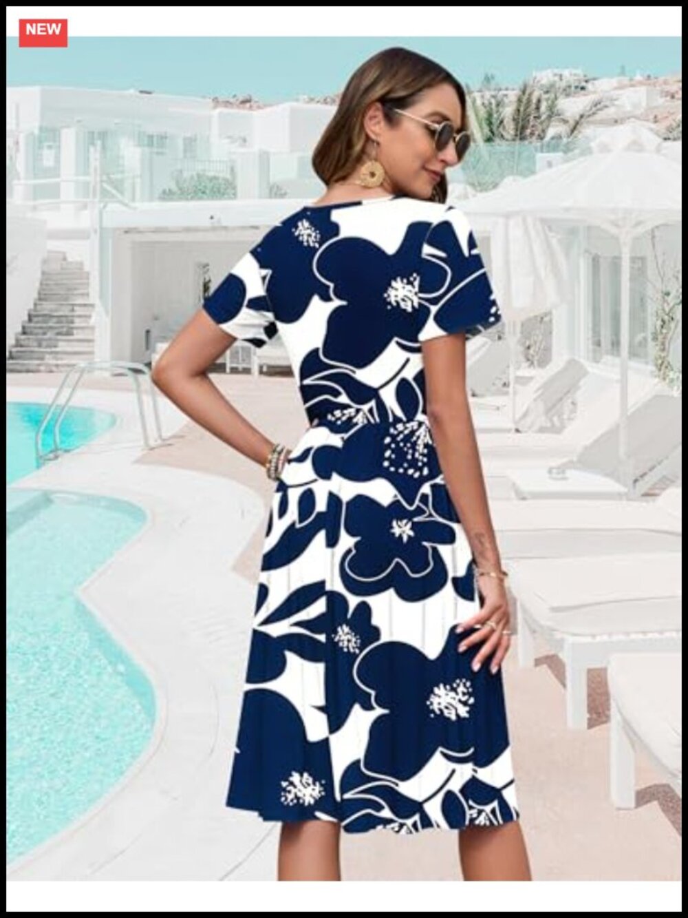 Women's V Neck Button Down Midi Summer Dress with Pockets Short Sleeve - Picture 3 of 4